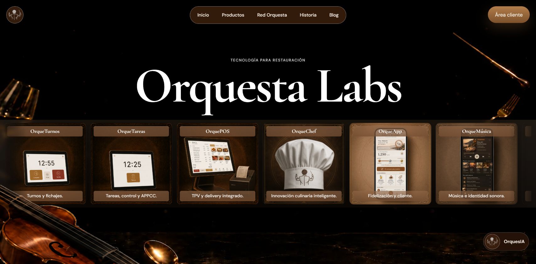Captura de la web de Orquesta Labs y su ecosistema de software para restauración